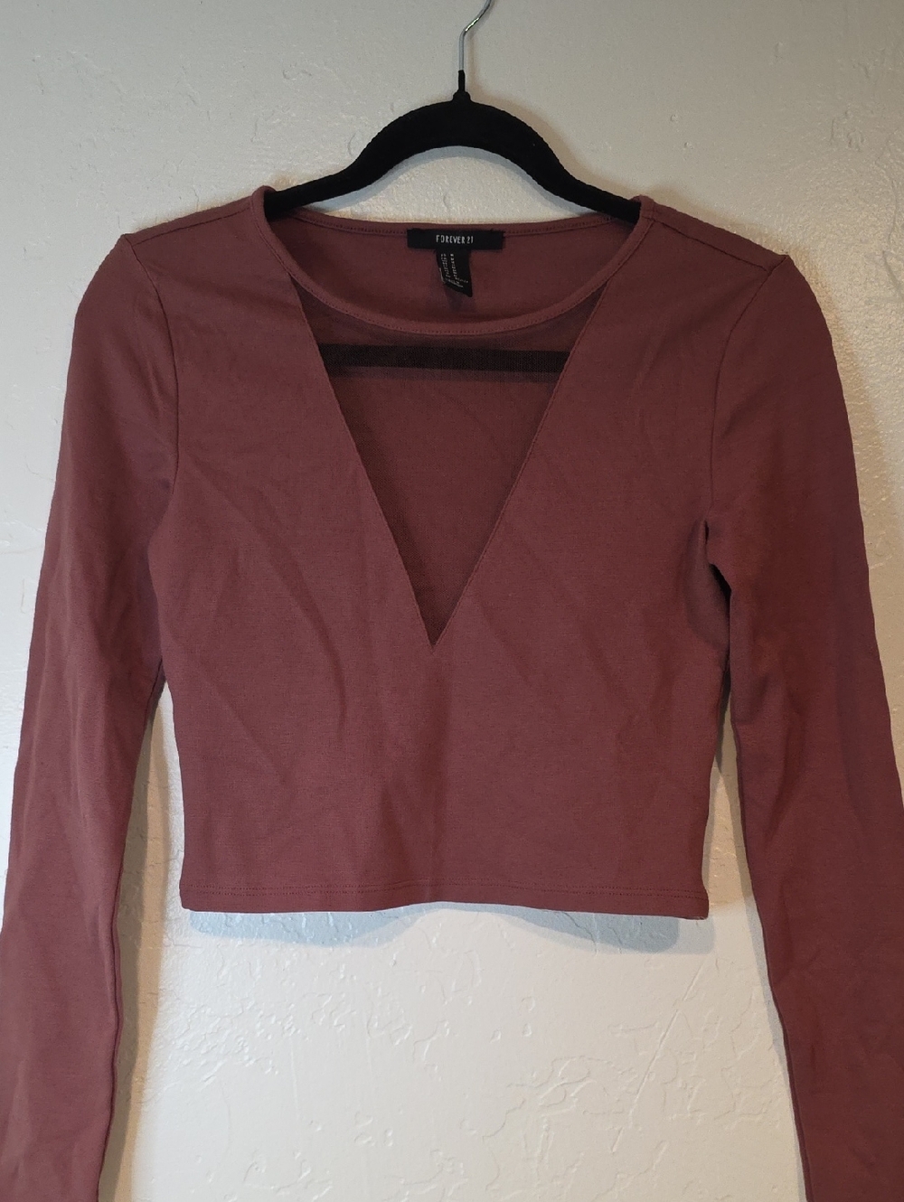 Forever 21 Dusty Rose Long-Sleeve Deep V Crop Top